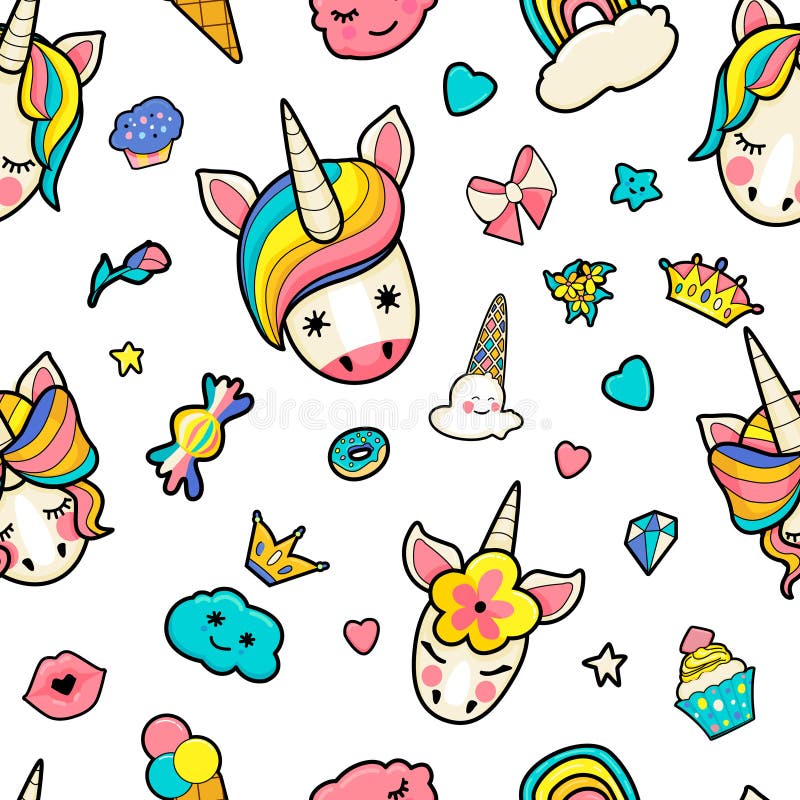 Muster mit netten Gesichtern von Einhörnern, Eiscreme, Sterne, Herzen, Donut, Regenbogen, Kronen, kleiner Kuchen vektor abbildung