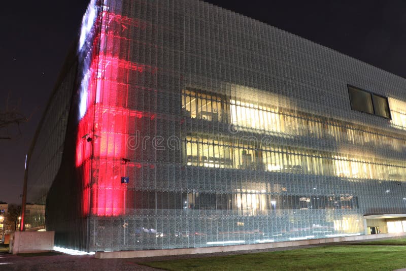 Building of the Museum of History of Polish Jews at night. It is a new museum on the site of the Warsaw ghetto, opened on April 19, 2013. The museum will feature multimedia exhibits on vibrant Jewish community that flourished in Poland for a thousand years. The building, a modern structure in glass and limestone, was designed by Finnish architects Rainer Mahlamäki and Ilmari Lahdelma. Building of the Museum of History of Polish Jews at night. It is a new museum on the site of the Warsaw ghetto, opened on April 19, 2013. The museum will feature multimedia exhibits on vibrant Jewish community that flourished in Poland for a thousand years. The building, a modern structure in glass and limestone, was designed by Finnish architects Rainer Mahlamäki and Ilmari Lahdelma.