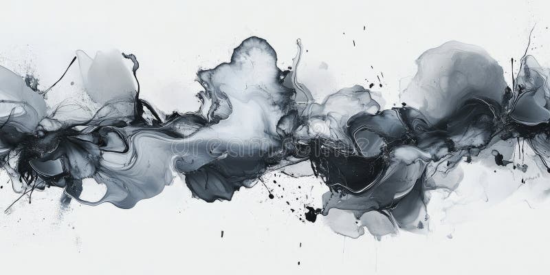 A muted grey background with abstract splashes of paint and ink in varying shades of grey. The stock image