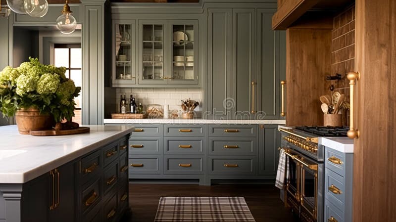 Muted grey modern cottage kitchen decor, interior design and country house, in frame kitchen cabinetry, sink, stove and countertop, English countryside style interiors AI generated