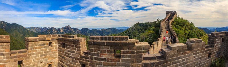 MutianyuPanoramic sikt av den stora väggen av Kina och turister som går på väggen i Mutianyuen