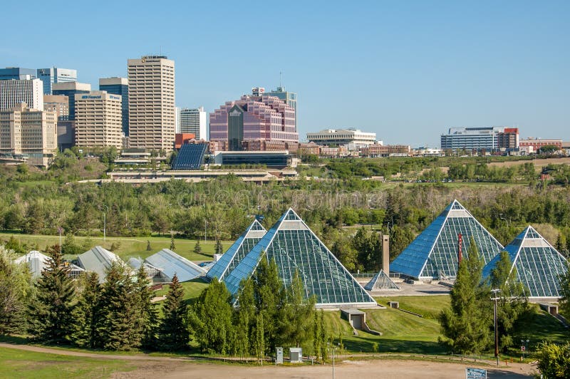 Muttart Conservatory Edmonton with Pyramids and Downtown Edmonton