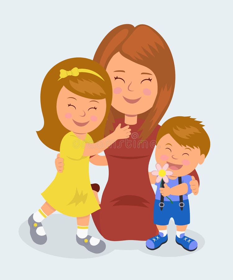 Mutter, die ihre Tochter und Sohn umarmend knit Das Konzept der Liebe der Mütter für ihre Kinder lizenzfreie abbildung