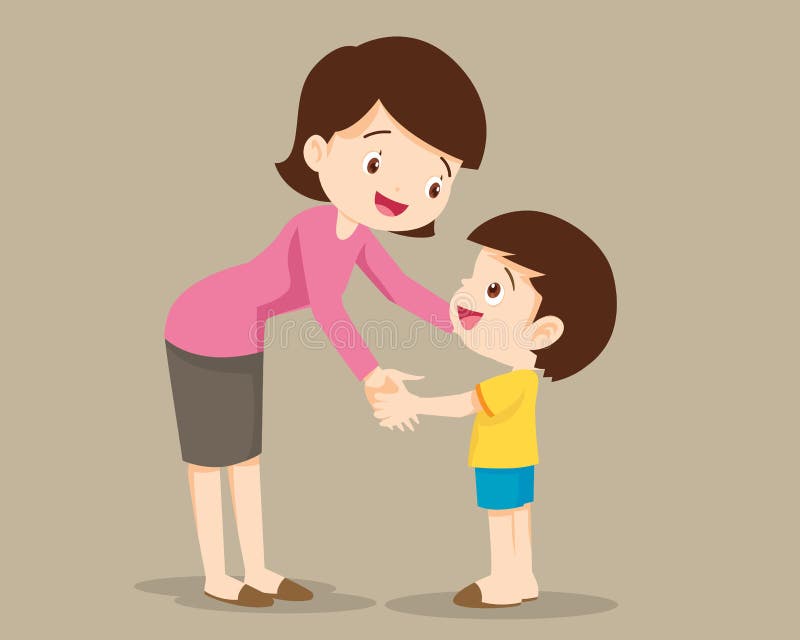 Mutter, die ihren Kinderjungen umarmt und mit ihm spricht stock abbildung