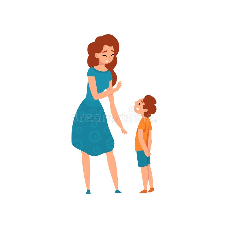 Mutter, die mit ihrem Sohn, Mutter hat eine gute Zeit mit ihrem Kind, Mutterschaft, Erziehnungskonzeptvektor Illustration spricht
