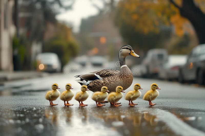 Mutter Ente helfe ihren Enten beim Überqueren einer Straße und beim Gehen in einer Reihe Straßenverkehrssicherheit für Kindererzie lizenzfreie abbildung