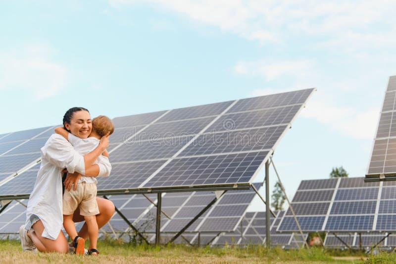Mutter mit ihrem kleinen Sohn durch Solarzellen stockfotos
