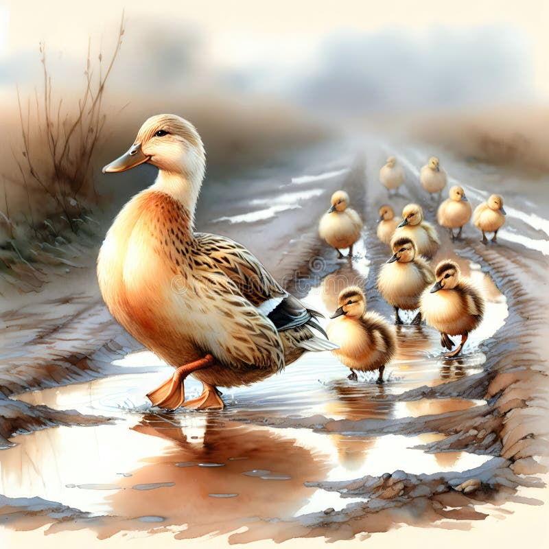 Mutterente in Pfütze mit Enten stock abbildung