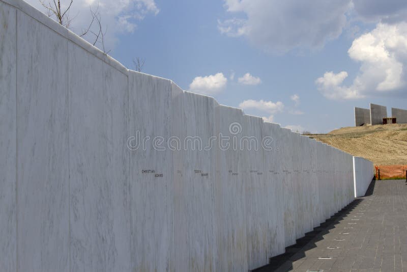 Wall of Names at Flight 93 National Memorial running between visitors center on top of hill and crash site lists the names of the 40 people who lost their lives while fighting terrorism on 9/11. Wall of Names at Flight 93 National Memorial running between visitors center on top of hill and crash site lists the names of the 40 people who lost their lives while fighting terrorism on 9/11.