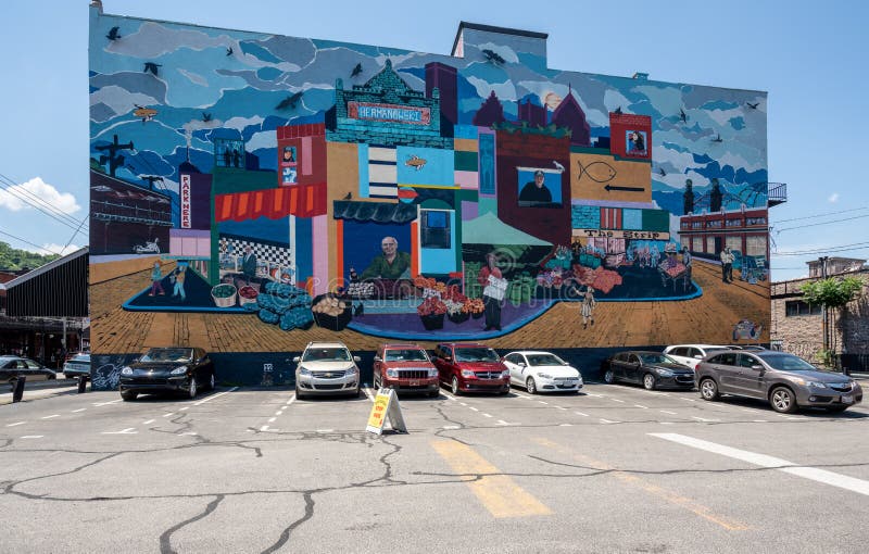 Muurschildering van het Strookdistrict in Pittsburgh Pennsylvania