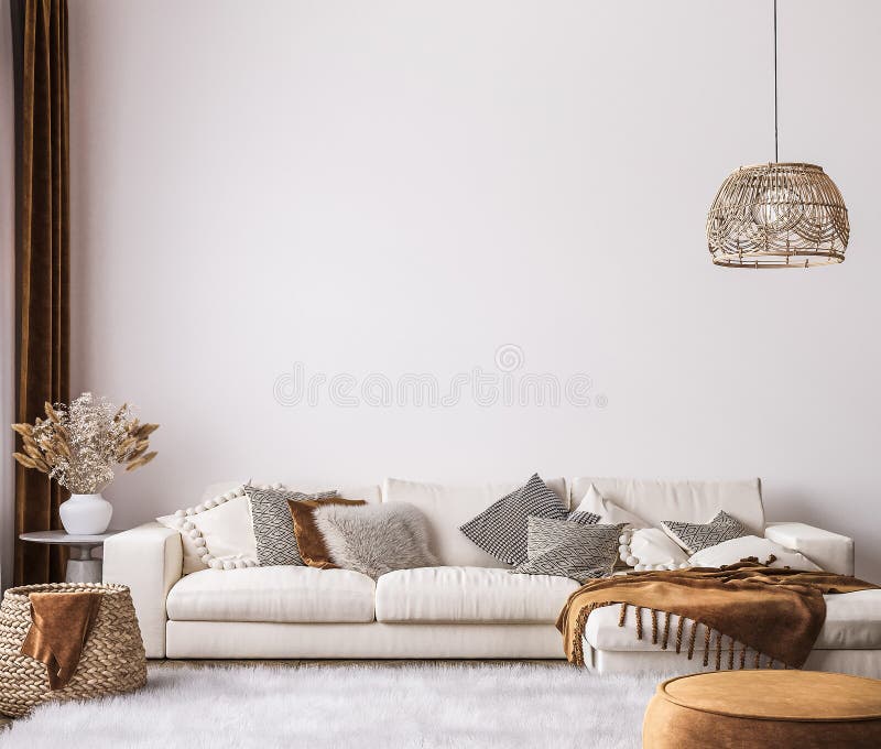 Muurversterking in heldere woonkamer - ontwerp witte sofa in boho interior stijl