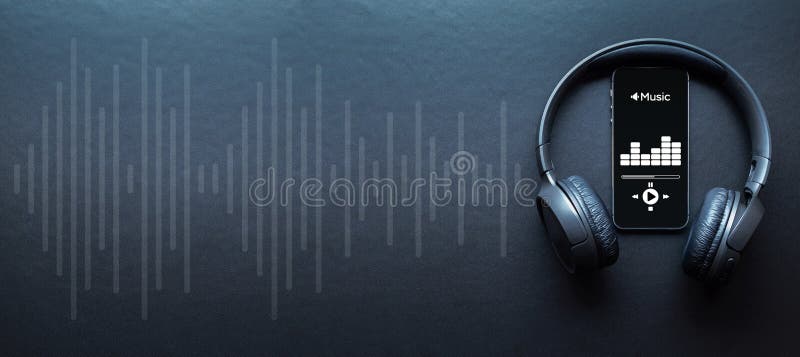 Muziekbanner. mobiel smartphone-scherm met geluidskoptelefoons met muziekapplicaties. audio stem met radio slaat op zwart stock afbeeldingen Muziekbanner. mobiel smartphone-scherm met geluidskoptelefoons met muziekapplicaties. audio stem met radio slaat op zwart stock afbeeldingen