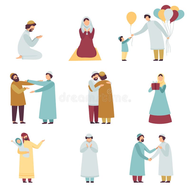 Muzułmańscy ludzie w Tradycyjny Ubraniowy Świętuje Eid Al Adha wakacje Islamski setu, mężczyzn i kobiet ono Modli się, Wita Each royalty ilustracja Muzułmańscy ludzie w Tradycyjny Ubraniowy Świętuje Eid Al Adha wakacje Islamski setu, mężczyzn i kobiet ono Modli się, Wita Each royalty ilustracja