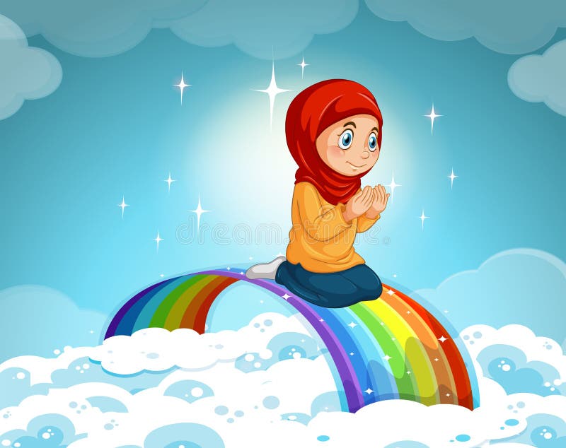 Muzułmańska dziewczyna ono modli się nad tęczą ilustracji Muzułmańska dziewczyna ono modli się nad tęczą ilustracji