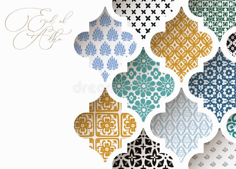Muzułmańska wakacyjna Eid al Adha kartka z pozdrowieniami W górę kolorowych ornamentacyjnych język arabski płytek, wzory przez bi
