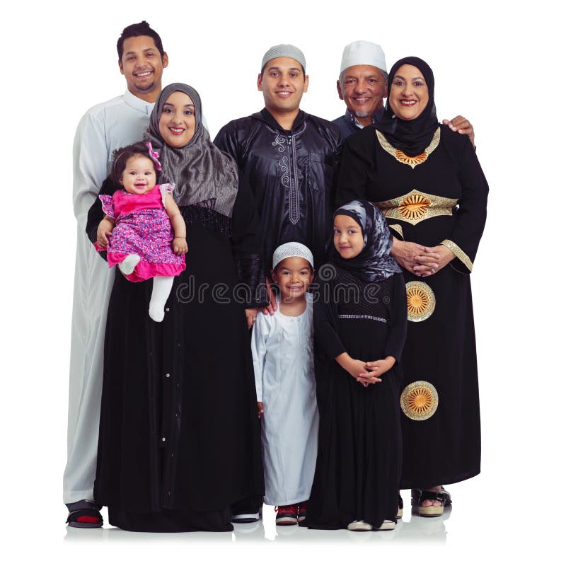 Muslim family, portrait and together for eid to celebrate Islam religion, love and peace in studio. Arab parents, grandparents and kids together for support in ramadan isolated on a white background. Muslim family, portrait and together for eid to celebrate Islam religion, love and peace in studio. Arab parents, grandparents and kids together for support in ramadan isolated on a white background.