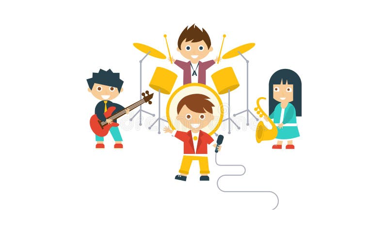 Muzyczni dzieciaki skrzykną, dzieci bawić się różnych instrumenty, dobosz, saksofonista, piosenkarz, gitarzysty wektoru ilustracj royalty ilustracja Muzyczni dzieciaki skrzykną, dzieci bawić się różnych instrumenty, dobosz, saksofonista, piosenkarz, gitarzysty wektoru ilustracj royalty ilustracja