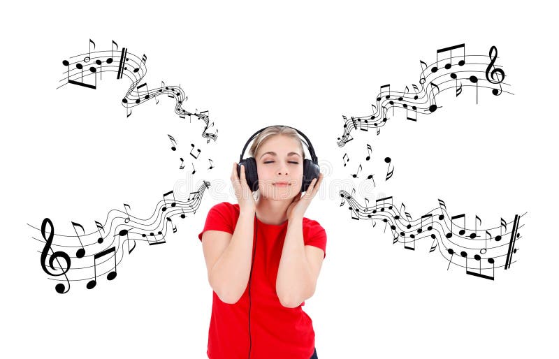 Girl listening music on headphones, music notes around. Girl listening music on headphones, music notes around