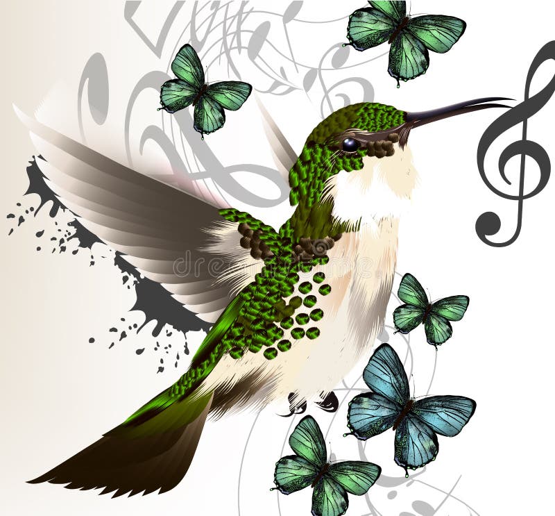 Vector illustration with realistic humming bird and notes for desig. Vector illustration with realistic humming bird and notes for desig