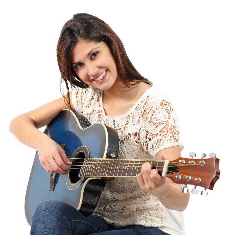 Muzyk kobieta bawić się gitarę w kursie obraz stock Muzyk kobieta bawić się gitarę w kursie obraz stock