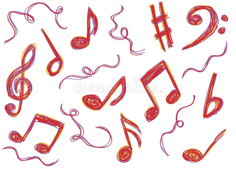 Illustration of music notes - doodle drawings on white background. Illustration of music notes - doodle drawings on white background