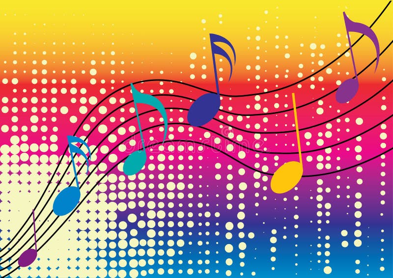 Music notes with white dots and rainbow coloured background of yellow, pink, red and blue. Music notes with white dots and rainbow coloured background of yellow, pink, red and blue