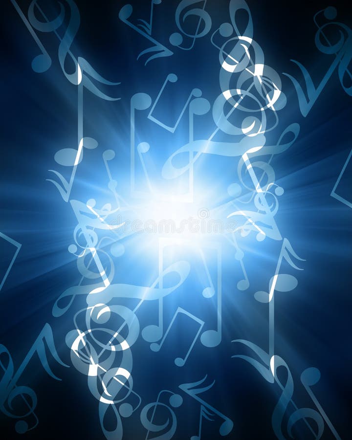 Music notes on a glowing blue background. Music notes on a glowing blue background