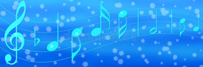 Panoramic illustration of cyan music notes flowing on curved stave in blue background for banner. Panoramic illustration of cyan music notes flowing on curved stave in blue background for banner.