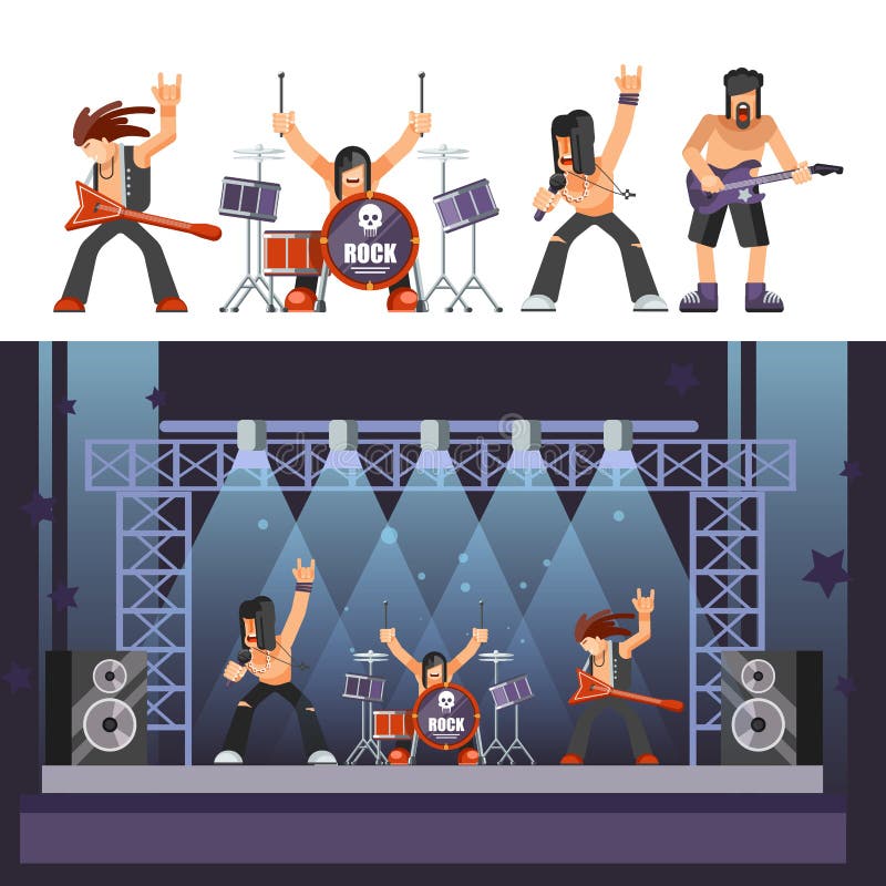 Muzyka rockowa bujaki skrzykną spełnianie na scena piosenkarzie, basowe gitarzysta perkusi wektoru ikony ilustracji Muzyka rockowa bujaki skrzykną spełnianie na scena piosenkarzie, basowe gitarzysta perkusi wektoru ikony ilustracji