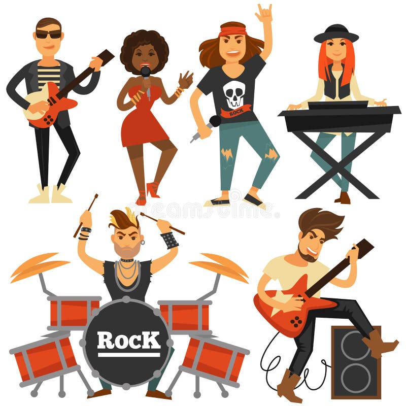 Muzyka rockowa zespołu piosenkarz, basowy gitarzysta i perkusja gracza wektorowe płaskie ikony, royalty ilustracja Muzyka rockowa zespołu piosenkarz, basowy gitarzysta i perkusja gracza wektorowe płaskie ikony, royalty ilustracja