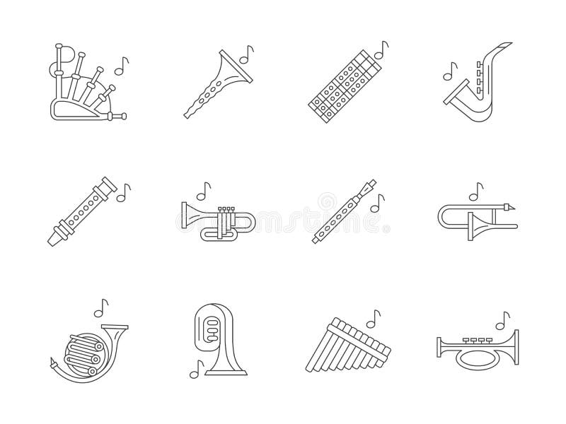 Muzykalne mosiężnych instrumentów mieszkania linii ikony ilustracja wektor Muzykalne mosiężnych instrumentów mieszkania linii ikony ilustracja wektor