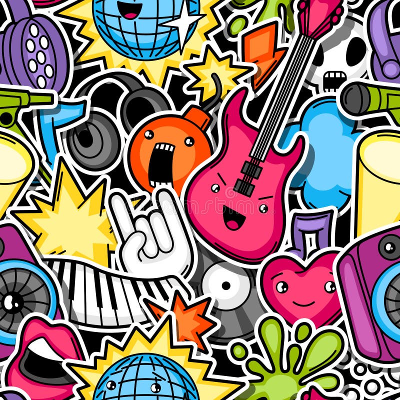 Muzyki partyjnego kawaii bezszwowy wzór Instrumenty muzyczni, symbole i przedmioty w kreskówce, projektują ilustracja wektor