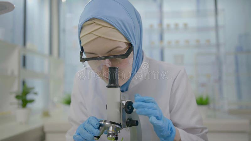 Muçulmano cientista do véu num laboratório moderno trabalha em um laptop e em um microscópio
