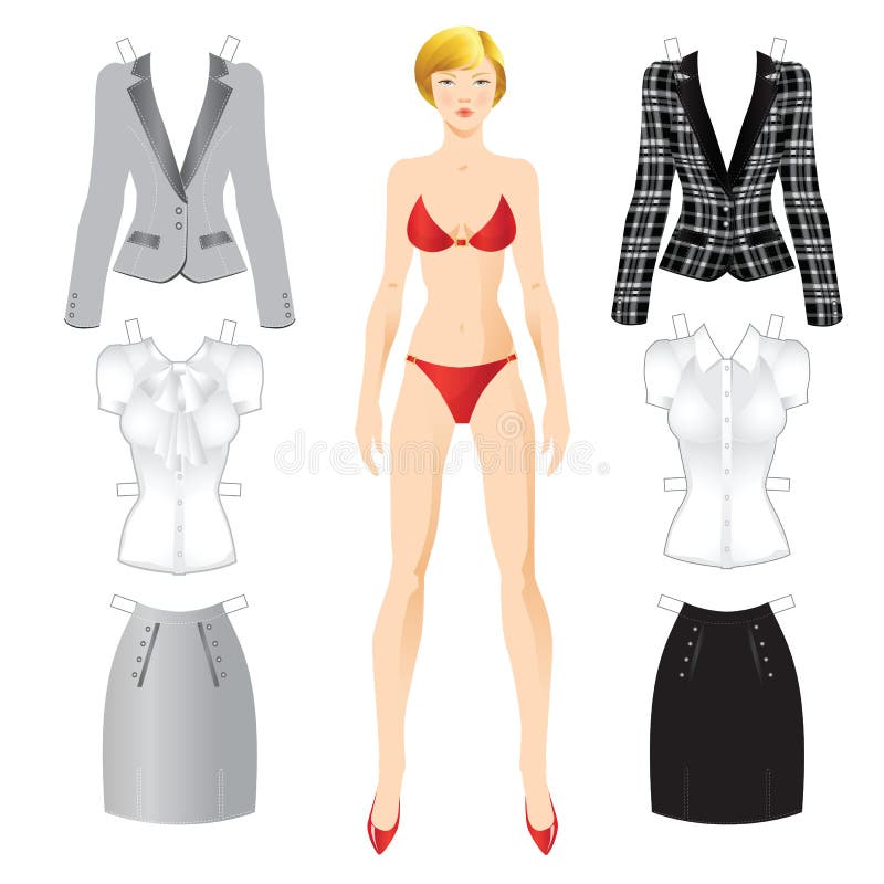 Doll with clothes. Body template. Set of template paper clothes. Office clothes. Women's jacket or blazer, skirt and blouse. Doll with clothes. Body template. Set of template paper clothes. Office clothes. Women's jacket or blazer, skirt and blouse.