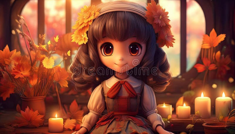 Muñeca de anime adorable de estilo vintage frente a un cálido ambiente de otoño con velas brillantes stock de ilustración