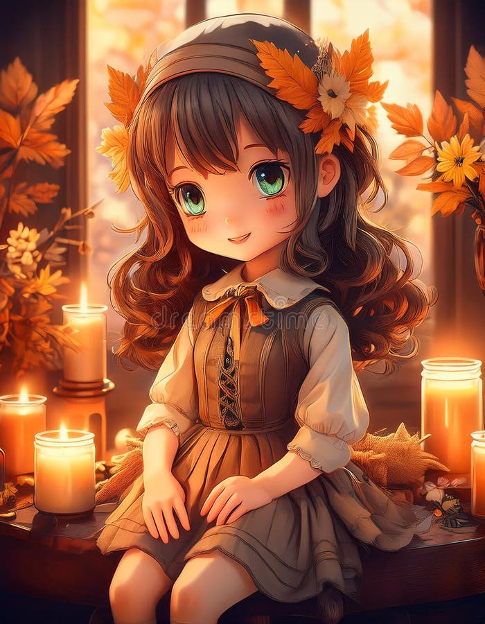 Muñeca de anime 3d vestida con un estilo vintage frente a un cálido ambiente de otoño con velas brillantes libre illustration