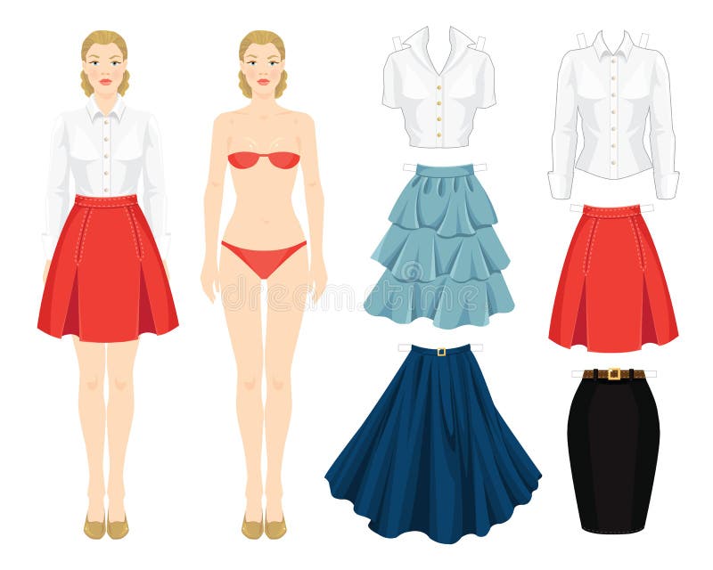 Paper doll with clothes. Body template. Set of template paper clothes. Clothes for office, clothes for holiday. Different model of skirt. Base wardrobe. Girl in red skirt with folds and white blouse. Paper doll with clothes. Body template. Set of template paper clothes. Clothes for office, clothes for holiday. Different model of skirt. Base wardrobe. Girl in red skirt with folds and white blouse