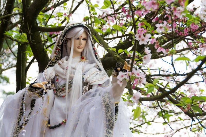Muñeca y flor de cerezo fotografía de archivo libre de regalías Muñeca y flor de cerezo fotografía de archivo libre de regalías