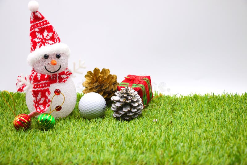 Snowman with golf ball on white background with Christmas ornament. Snowman with golf ball on white background with Christmas ornament