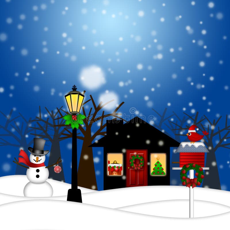 Muñeco de nieve del poste de la lámpara de la casa y la Navidad del Birdhouse stock de ilustración Muñeco de nieve del poste de la lámpara de la casa y la Navidad del Birdhouse stock de ilustración