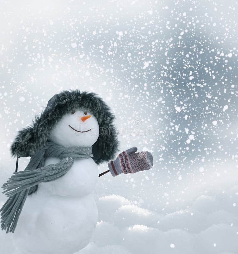 Muñeco de nieve feliz que se coloca en paisaje de la Navidad del invierno fotos de archivo libres de regalías Muñeco de nieve feliz que se coloca en paisaje de la Navidad del invierno fotos de archivo libres de regalías