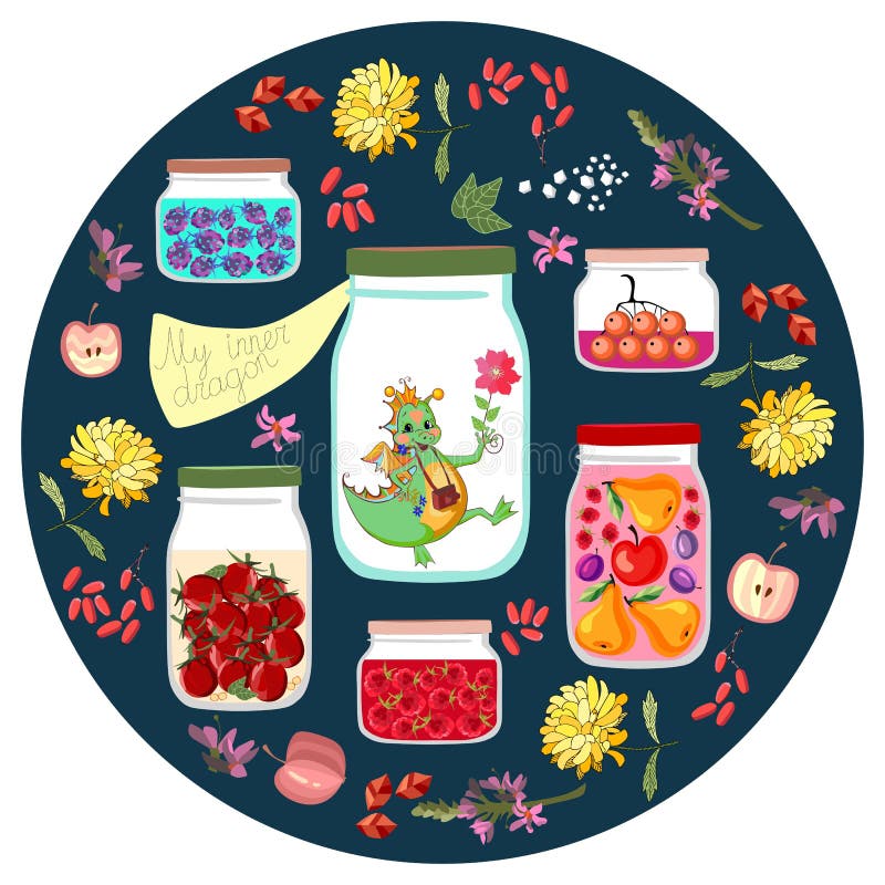 My inner dragon. Cute illustration with different jars with canned fruit jams, vegetables and berries, and cheerful little dino