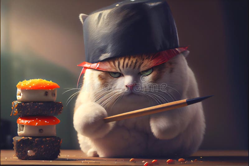 My Chef Cat Using Chopsticks Preparing and Eating Sushi Stock Photo