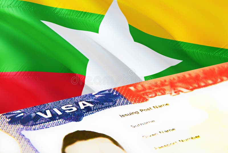 Myanmar immigration document close up. Passport visa on Myanmar flag. Myanmar visitor visa in passport,3D rendering. Myanmar multi vector illustration