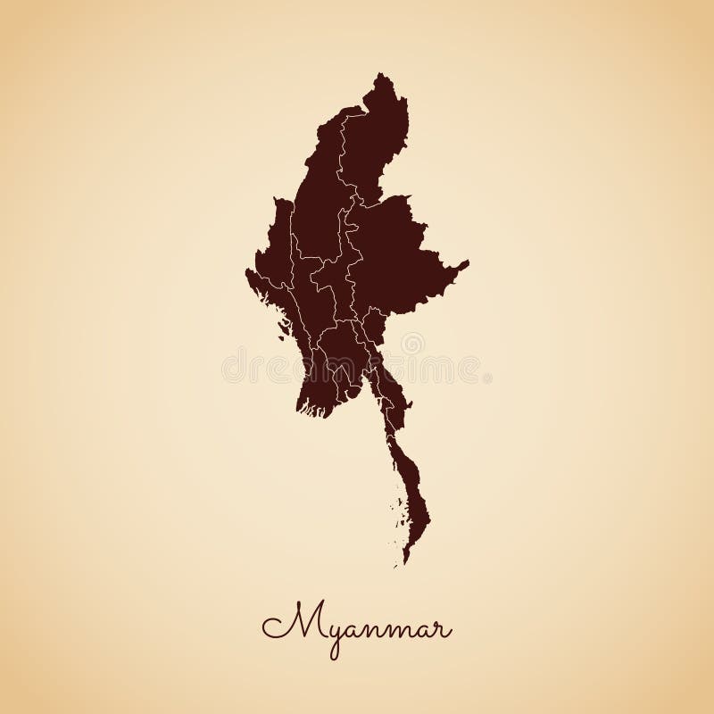 Myanmar-Regionskarte: brauner Entwurf des Retrostils an vektor abbildung Myanmar-Regionskarte: brauner Entwurf des Retrostils an vektor abbildung