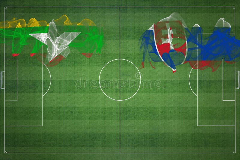 Mjanmarsko vs slovensko futbalový zápas, národné farby, národné vlajky, futbalové ihrisko, futbalový zápas, kopírovať priestor