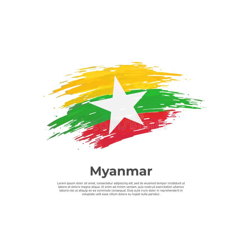 Myanmarflagge. Pinselstriche. Pinselstrichfahne auf weißem Hintergrund. Vektor-Design nationale Plakatvorlage. Textstelle. staatlich patriotische Bannerabdeckung. Kopierraum