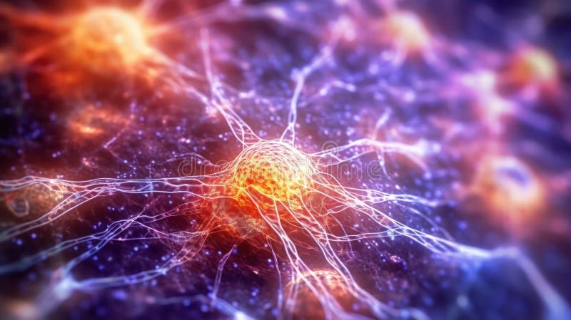 Mycket detaljerat neuralnät per generativ ai. Bakgrund med neuronceller inuti människans hjärna med blixtanslutning elektrisk anslutning