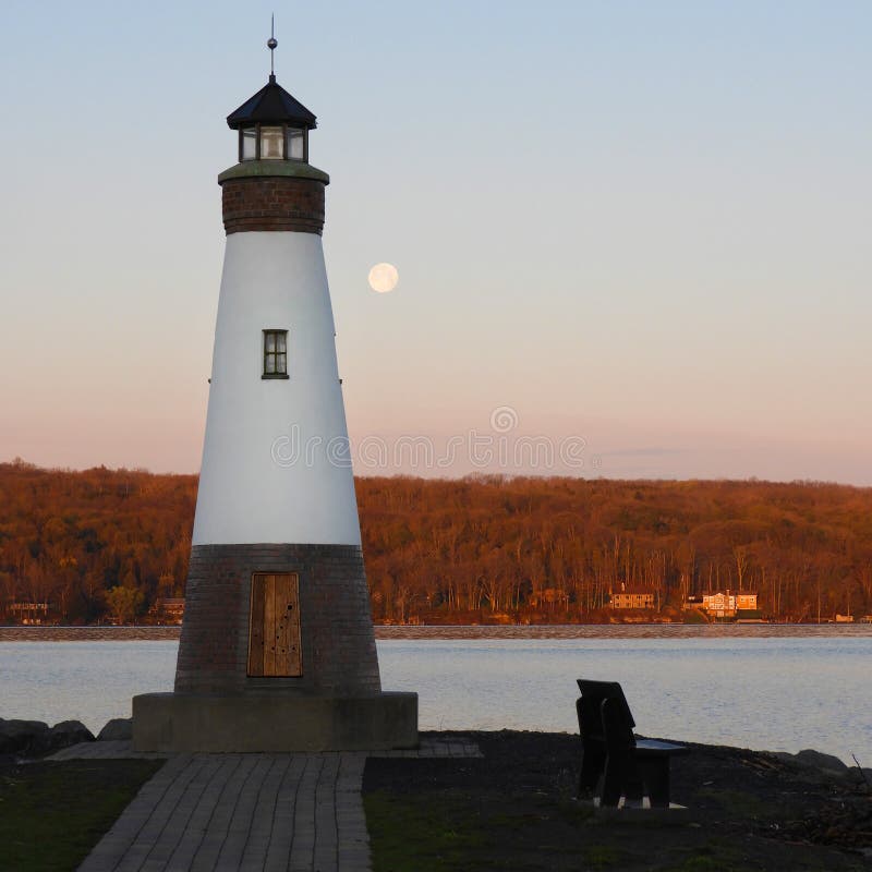 May Supermoon by Myers Point Lighthouse Cayuga Lake Stock Image - Image