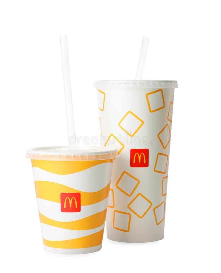 MYKOLAIV, UKRAINE AUGUST 11, 2021 Cold McDonald`s Drinks Isolated on White Editorial